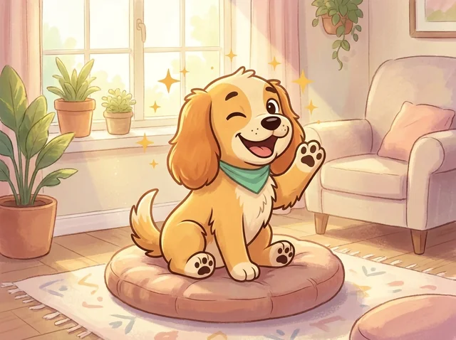 Koofo, a golden cartoon pup with a mint bandana, waving hello in a warm storybook living room