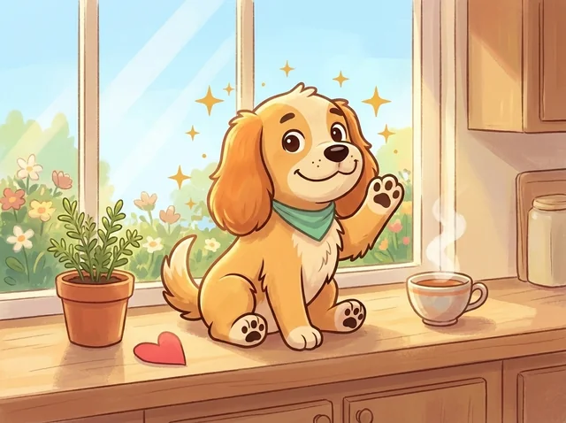Koofo waving from a sunny windowsill next to a little paper heart