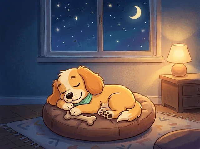 Koofo asleep in a round dog bed under a window full of stars