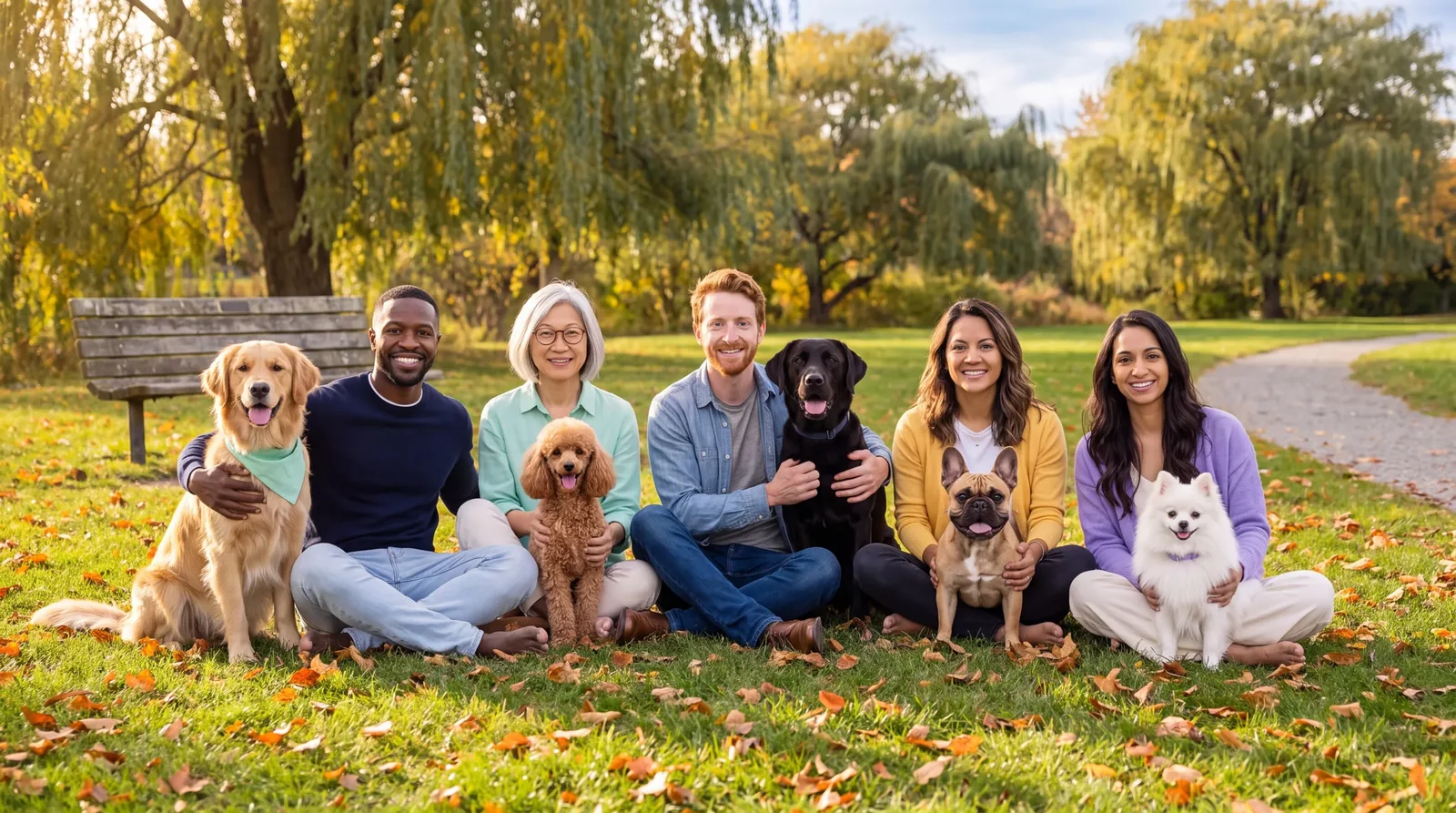 The Koofo Pack: five pet parents and their dogs sitting together on the grass in an autumn park