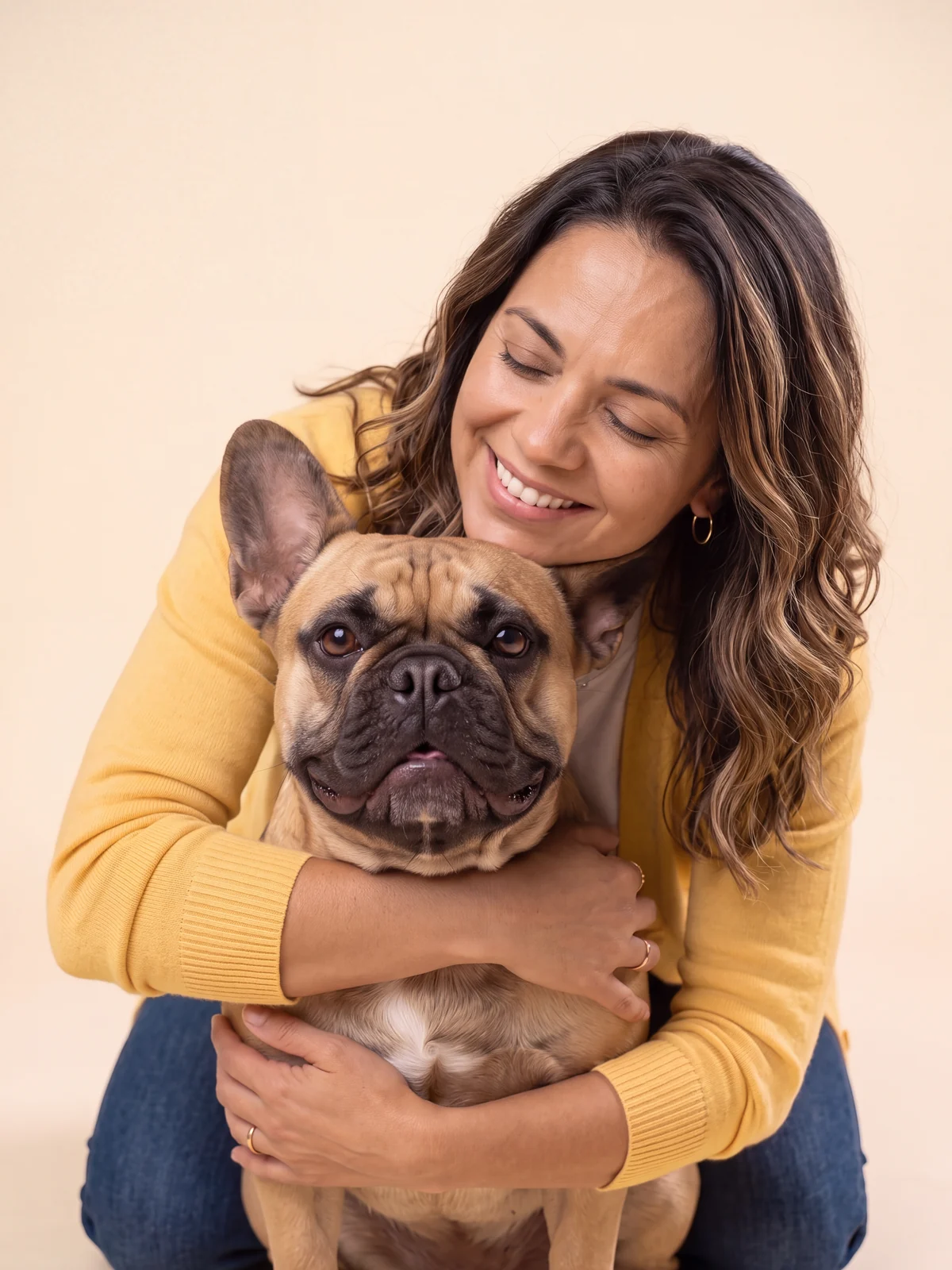 Sofia hugging Bruno, her French bulldog