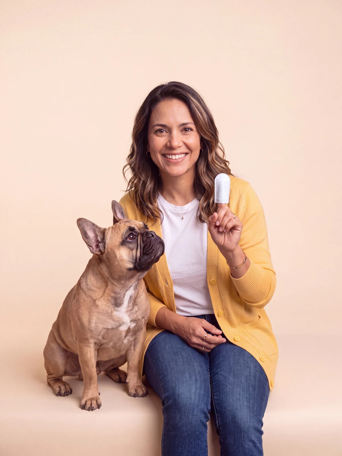 Sofia showing a dental finger wipe on her fingertip