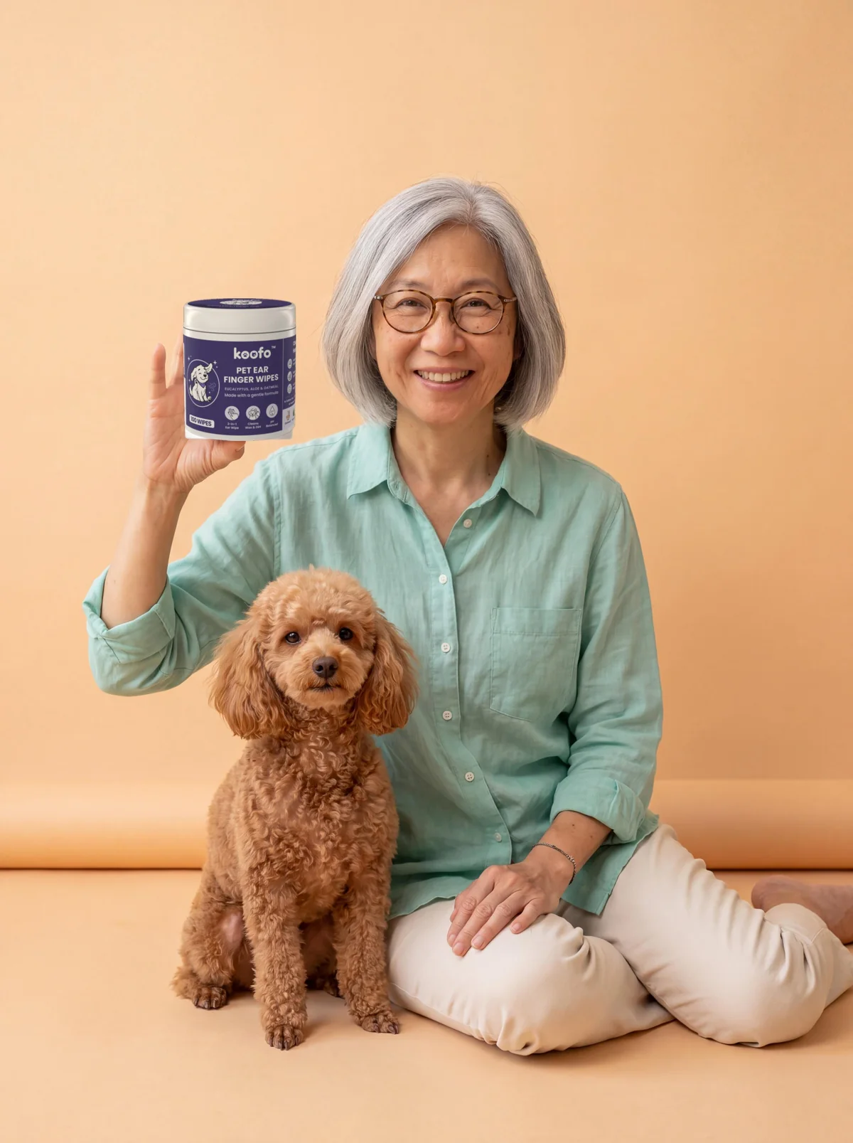 Grace holding a can of Koofo Pet Ear Finger Wipes next to Coco