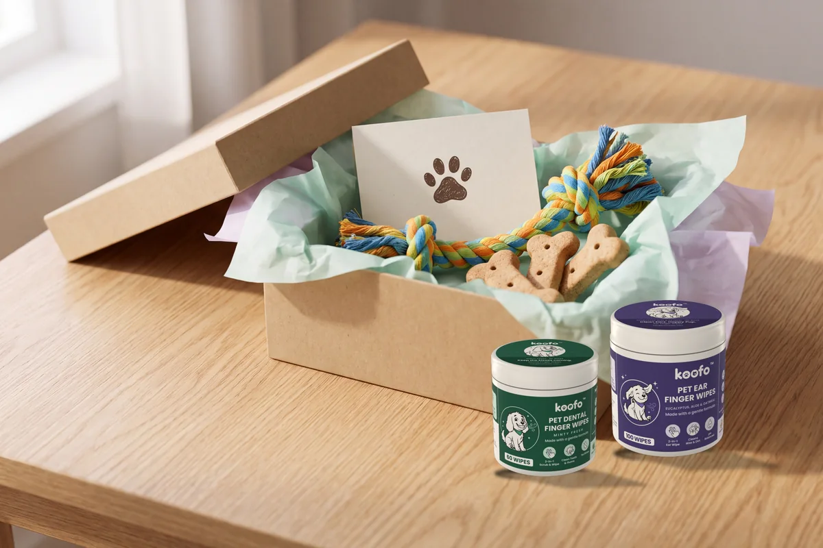 Koofo creator gift box with a Dental and an Ear can beside it, a rope toy and dog biscuits