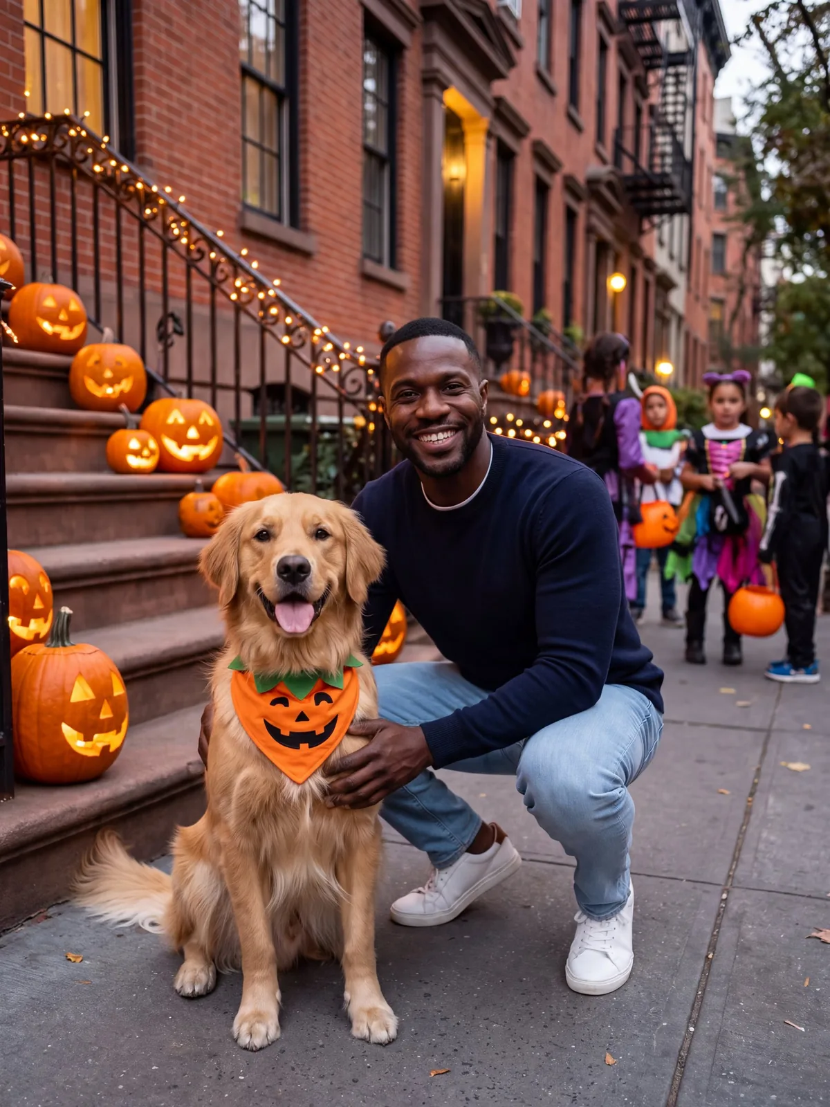 Daniel and Sunny in a pumpkin bandana on their street on Halloween