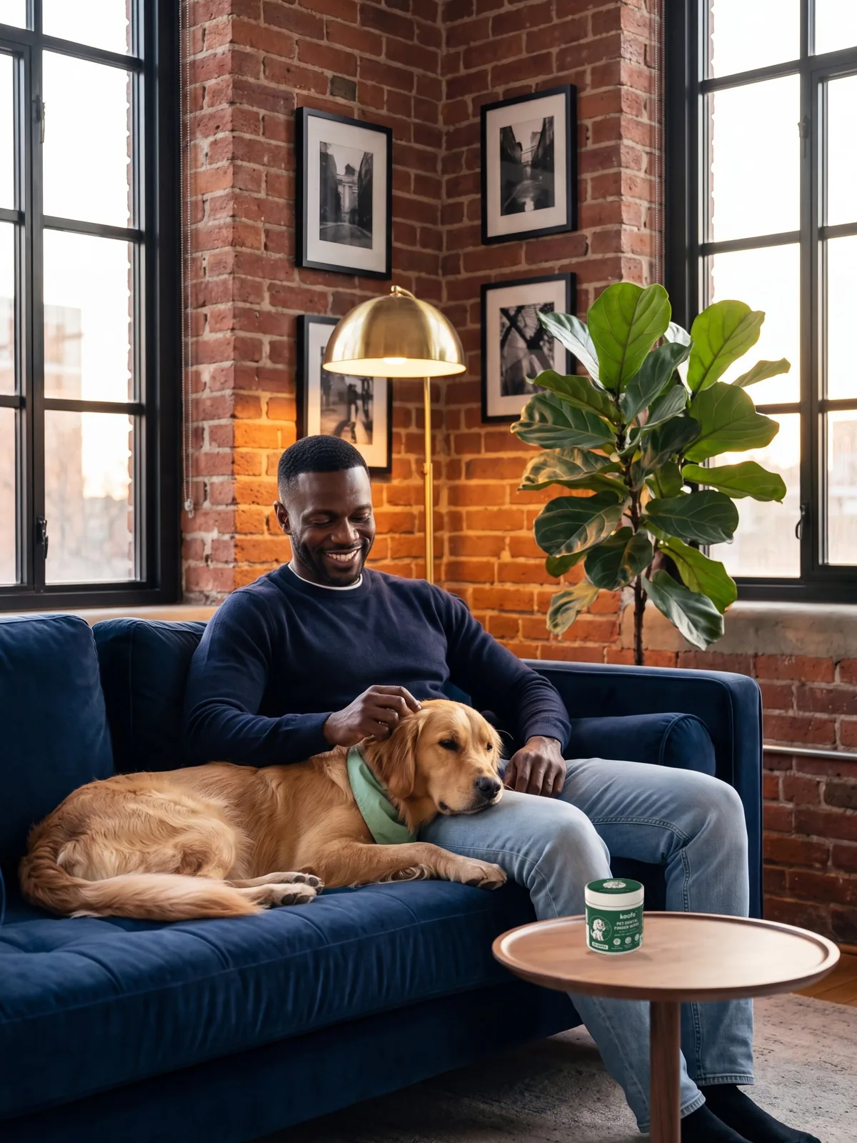 Daniel on his navy velvet sofa with Sunny, his golden retriever, a Koofo Dental can on the side table