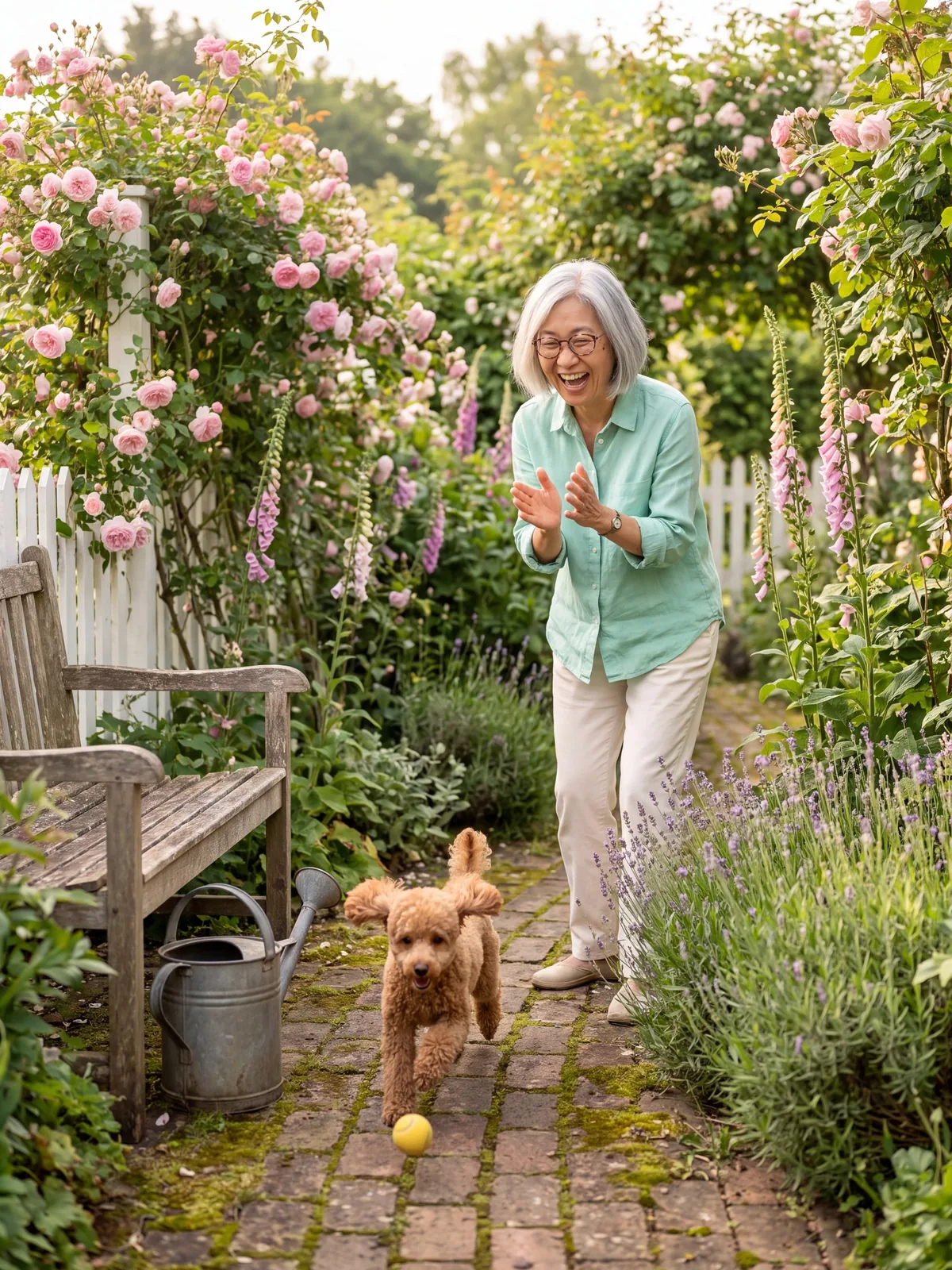 Grace playing with Coco in her rose garden