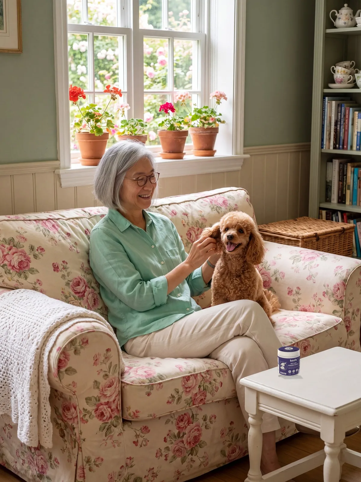Grace on her floral loveseat with Coco, her poodle, a Koofo Ear can on the side table