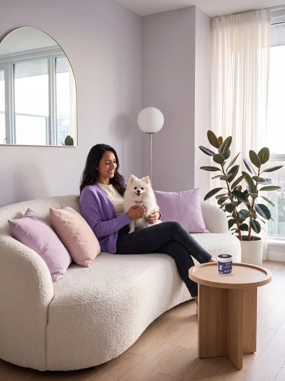 Maya on her white boucle sofa with Mochi, her Pomeranian, a Koofo Ear can on the side table