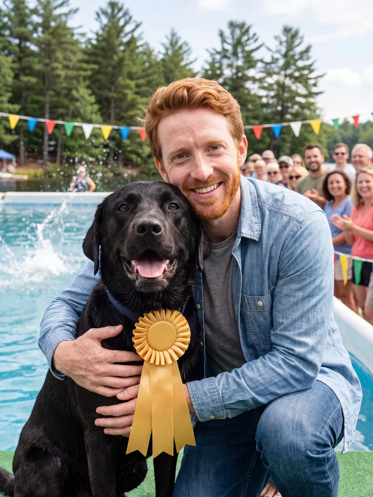 Ryan hugging a dripping-wet Bear with a gold rosette at the dock-jump contest