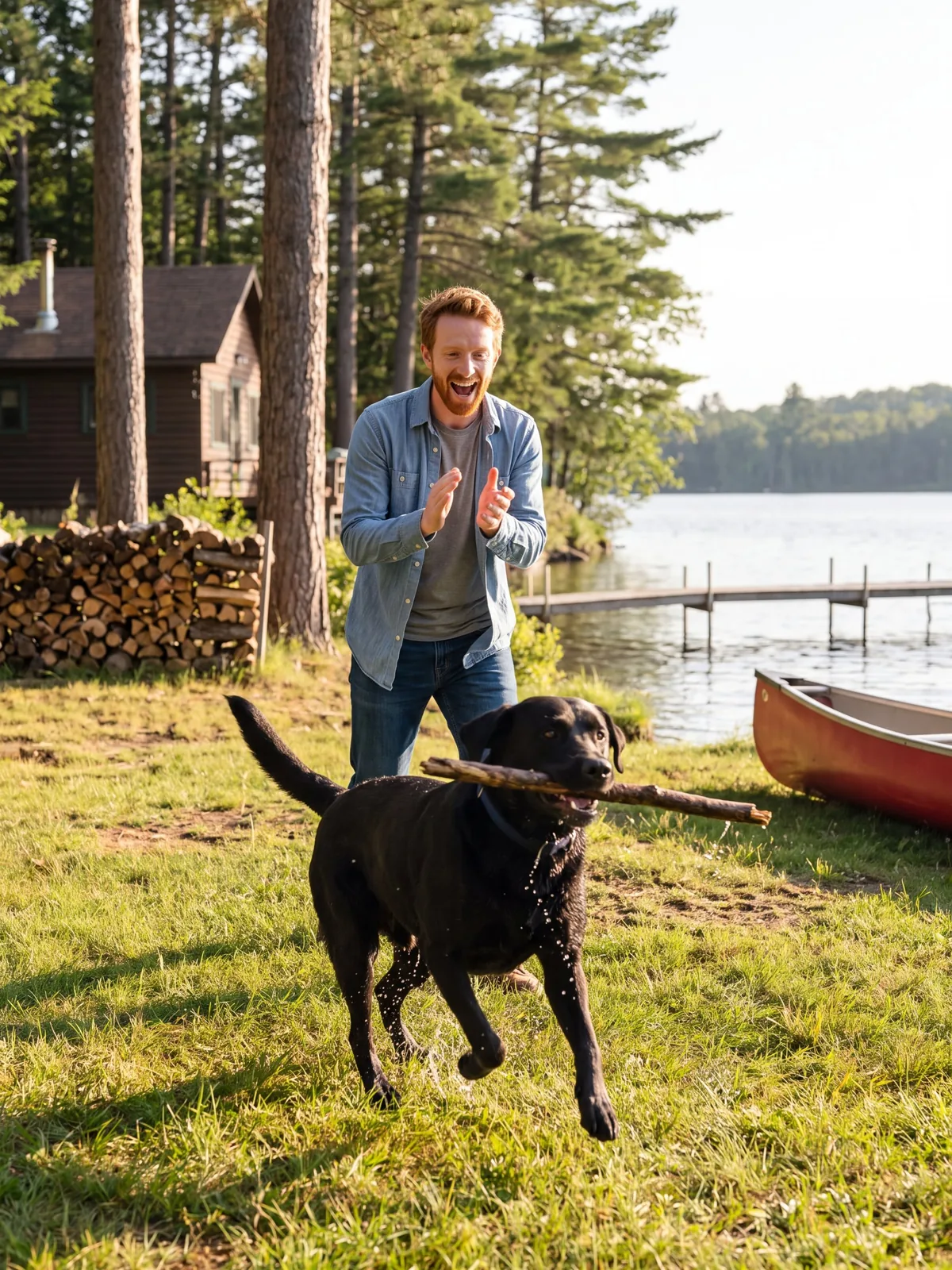Ryan playing with Bear in their lakeside yard