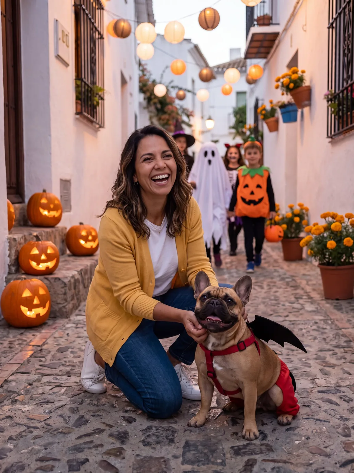 Sofia and Bruno in little bat wings in their lane on Halloween