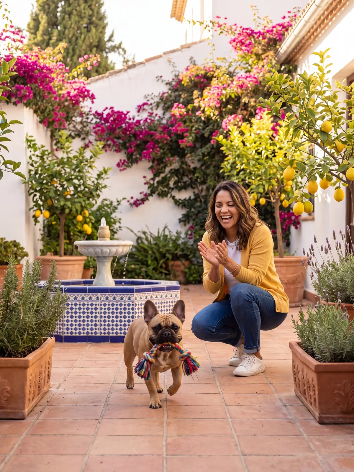 Sofia calling Bruno across their sunny courtyard