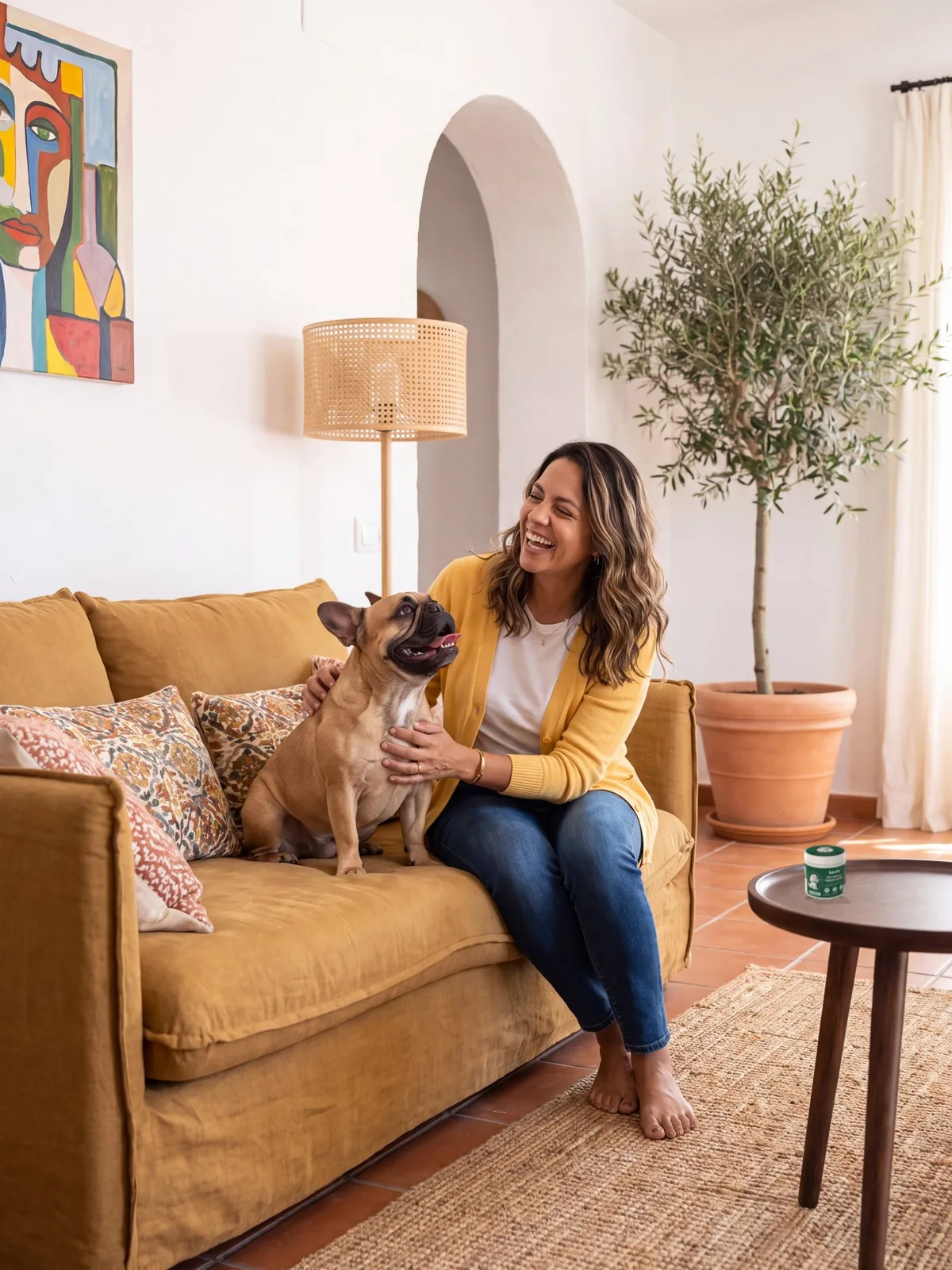 Sofia on her mustard sofa with Bruno, her French bulldog, a Koofo Dental can on the side table